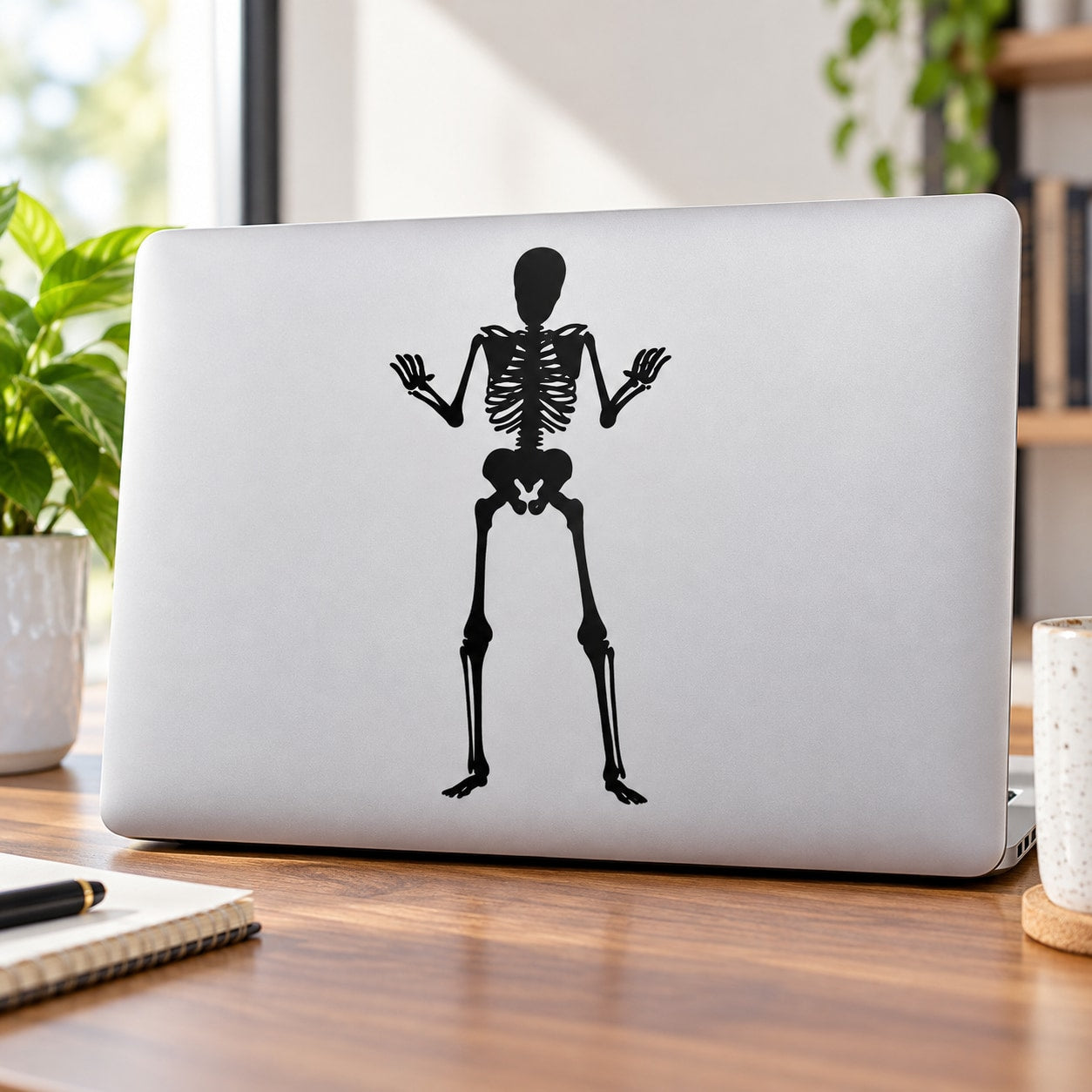 Black skeleton graphic decal with arms raised, bold stencil style