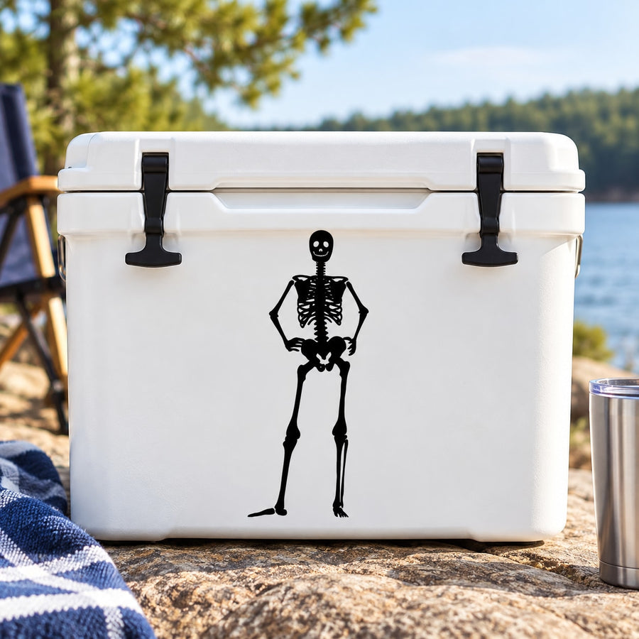 Skeleton hands-on-hips decal, black skeletal figure on white surface