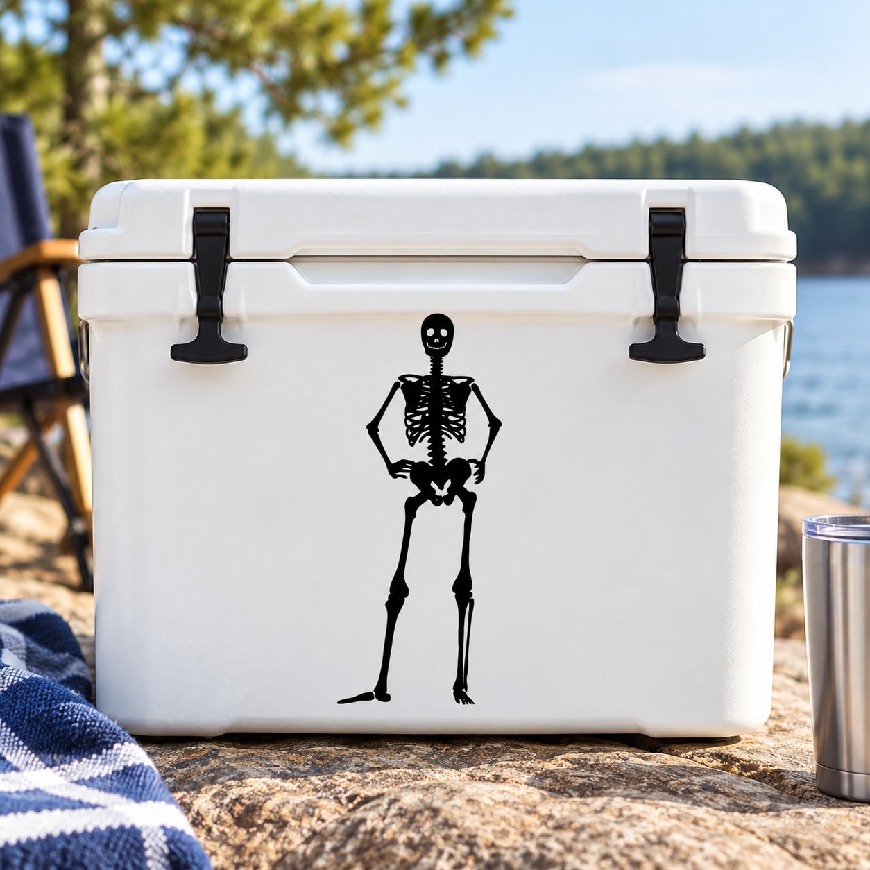 Skeleton hands-on-hips decal, black skeletal figure on white surface