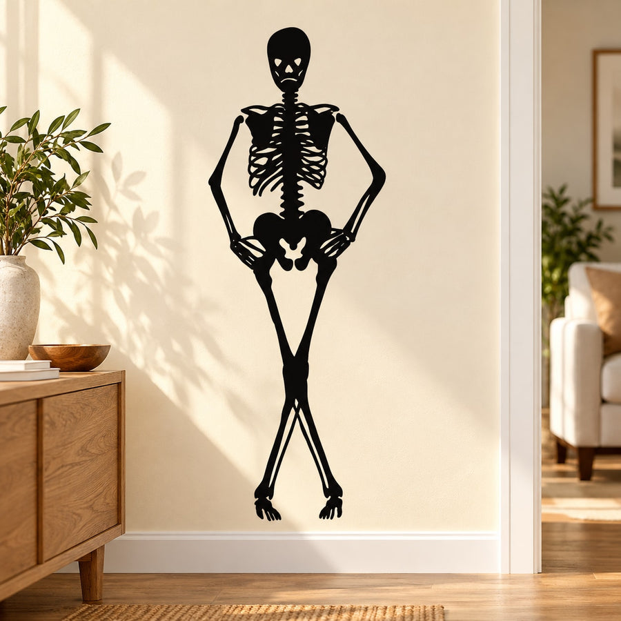 Skeleton hands-on-hips leg-crossed decal in black and white silhouette
