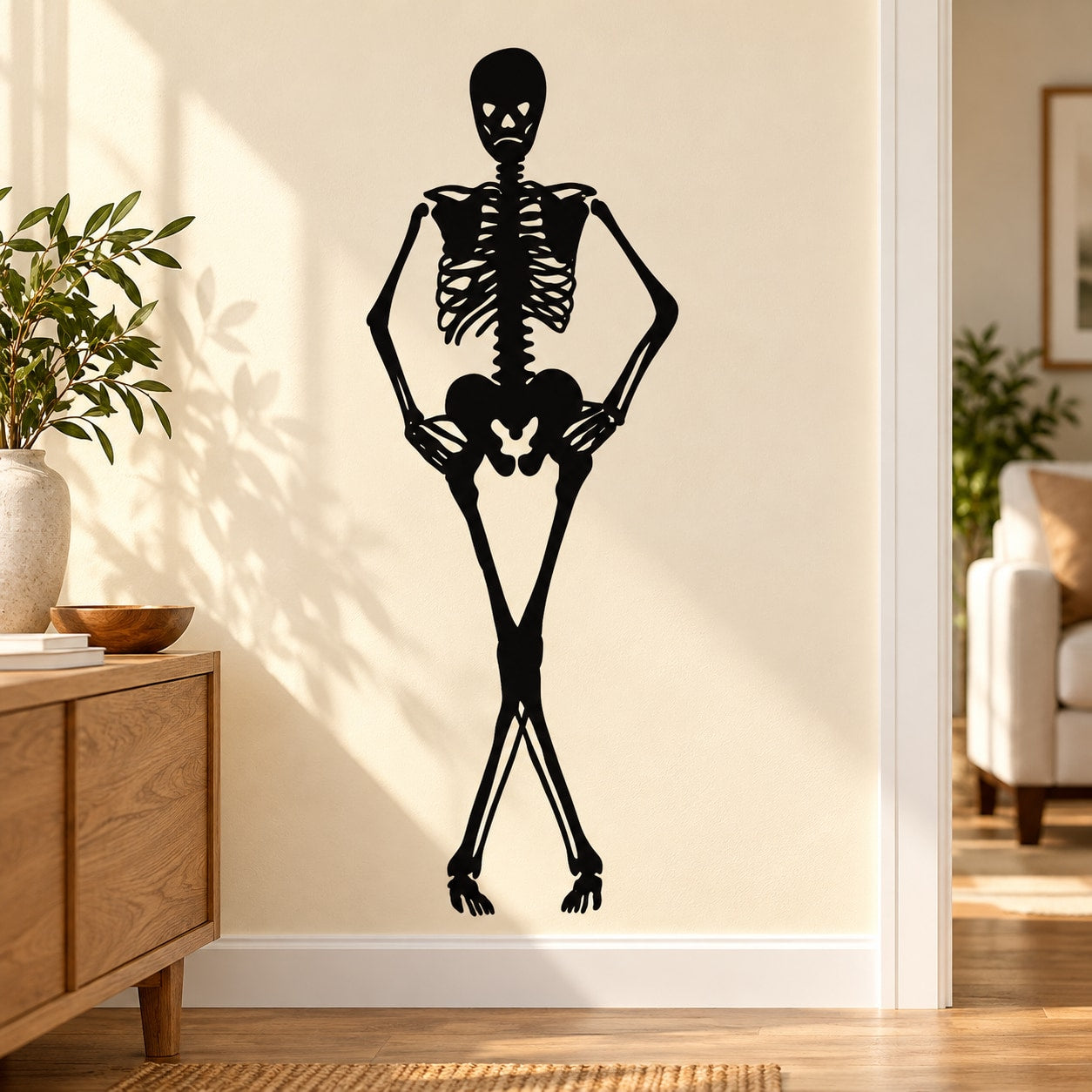 Skeleton hands-on-hips leg-crossed decal in black and white silhouette