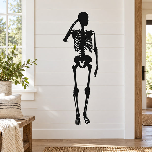 Thinking skeleton wall decal, black silhouette of standing figure holding head