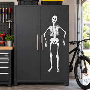 Happy skeleton decal: smiling white skeleton with heart figure on dark background
