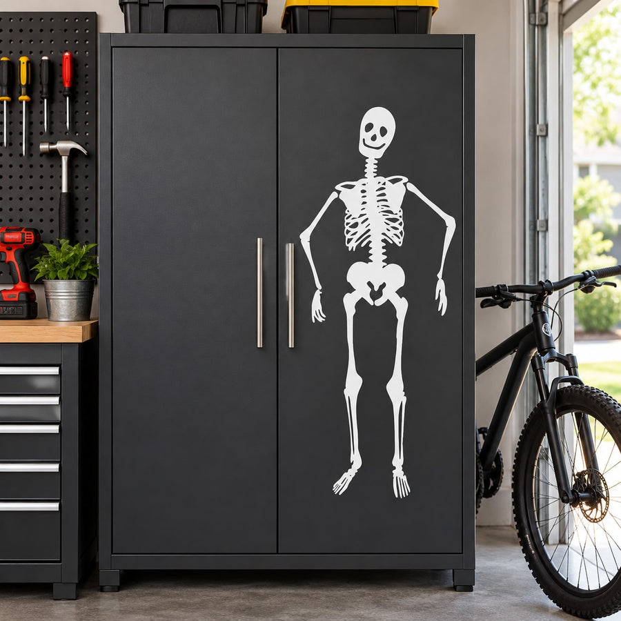 Happy skeleton decal: smiling white skeleton with heart figure on dark background