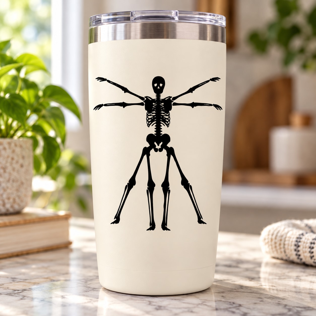 Skull and skeleton arm decal on a white tumbler with clear lid
