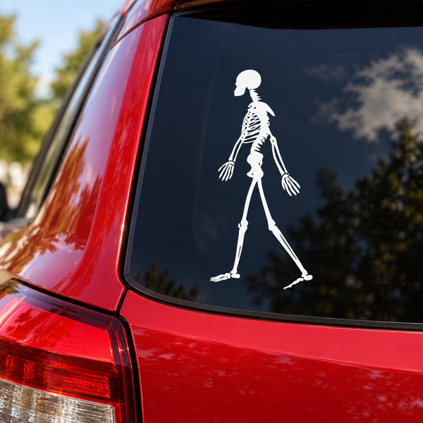 Walking skeleton decal on a car rear window, white