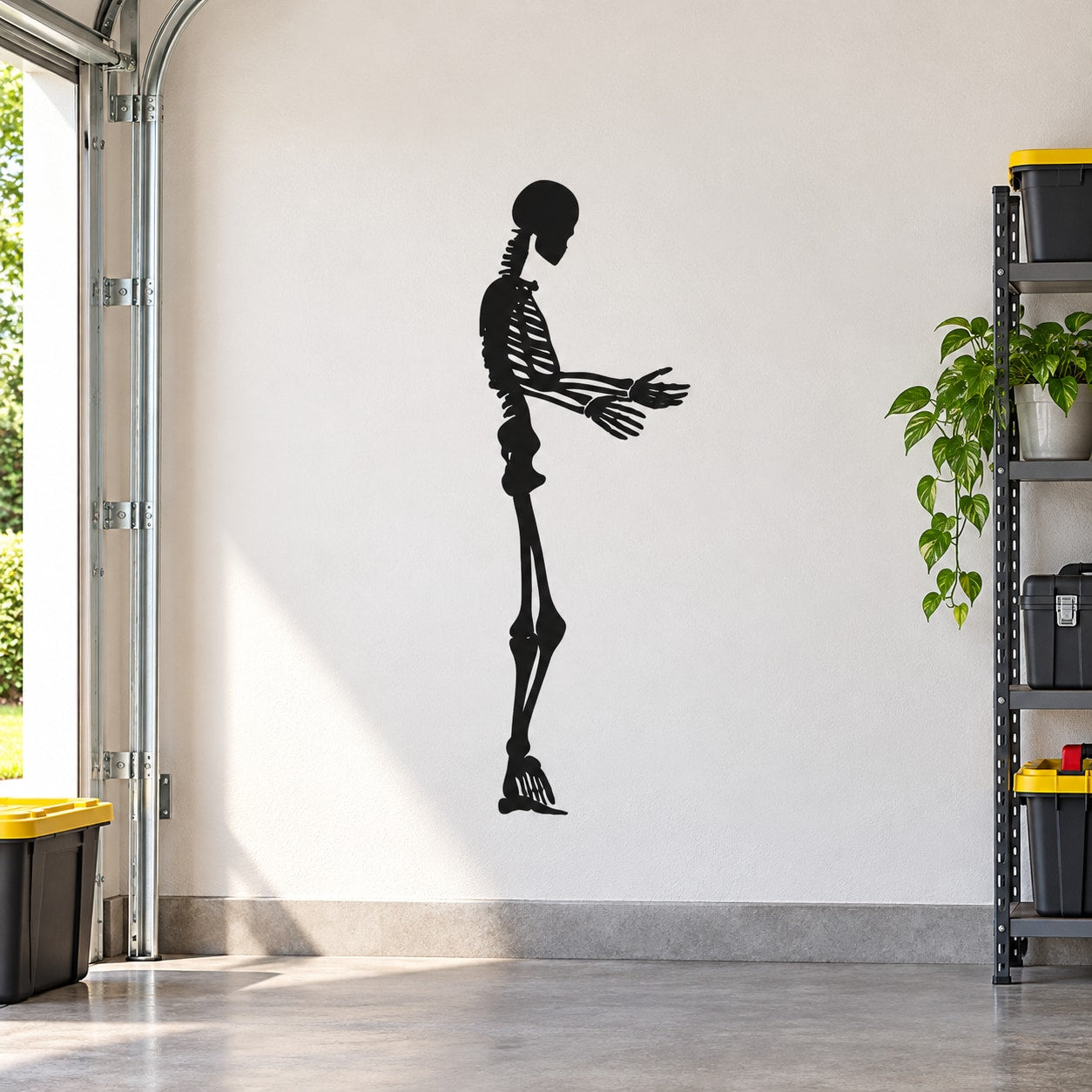 Black skeleton hug decal sticker, standing figure with arms extended