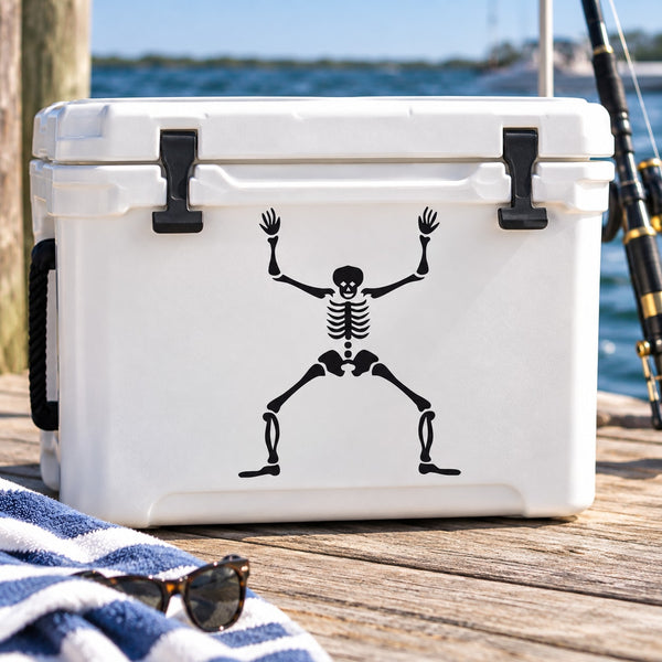 Skeleton crab walk decal on white cooler with black skeleton crab figure