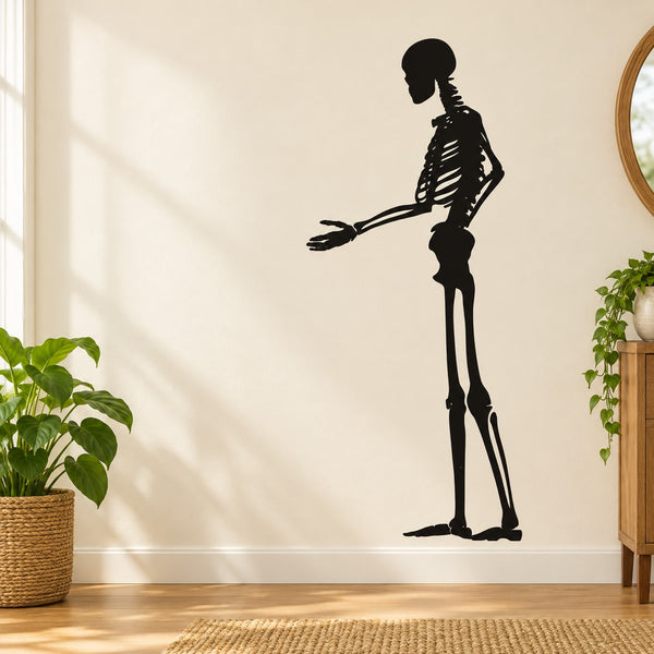 Skeleton hand-shake wall decal, black silhouette of skeleton figure with raised arm