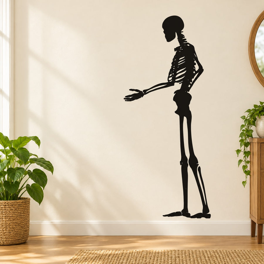 Skeleton hand-shake wall decal, black silhouette of skeleton figure with raised arm