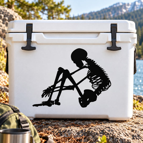 Skeleton doing crunches decal on white cooler-style box