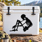 Skeleton doing crunches decal on white cooler-style box