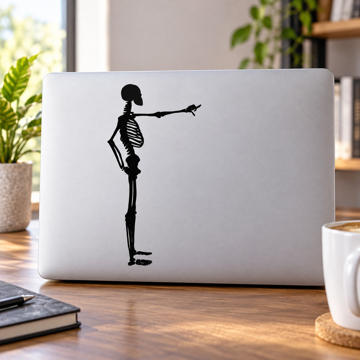 Skeleton pointing decal, black skeleton silhouette graphic for smooth surfaces