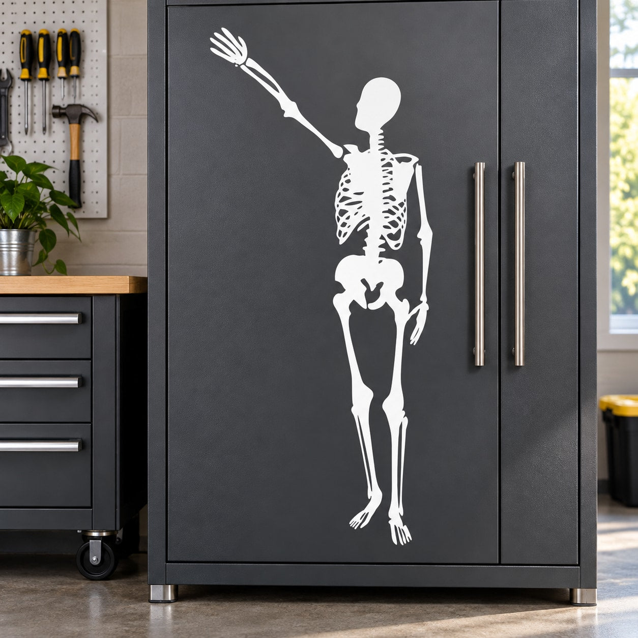 Skeleton reaching decal, white skeleton figure with one arm raised on dark background