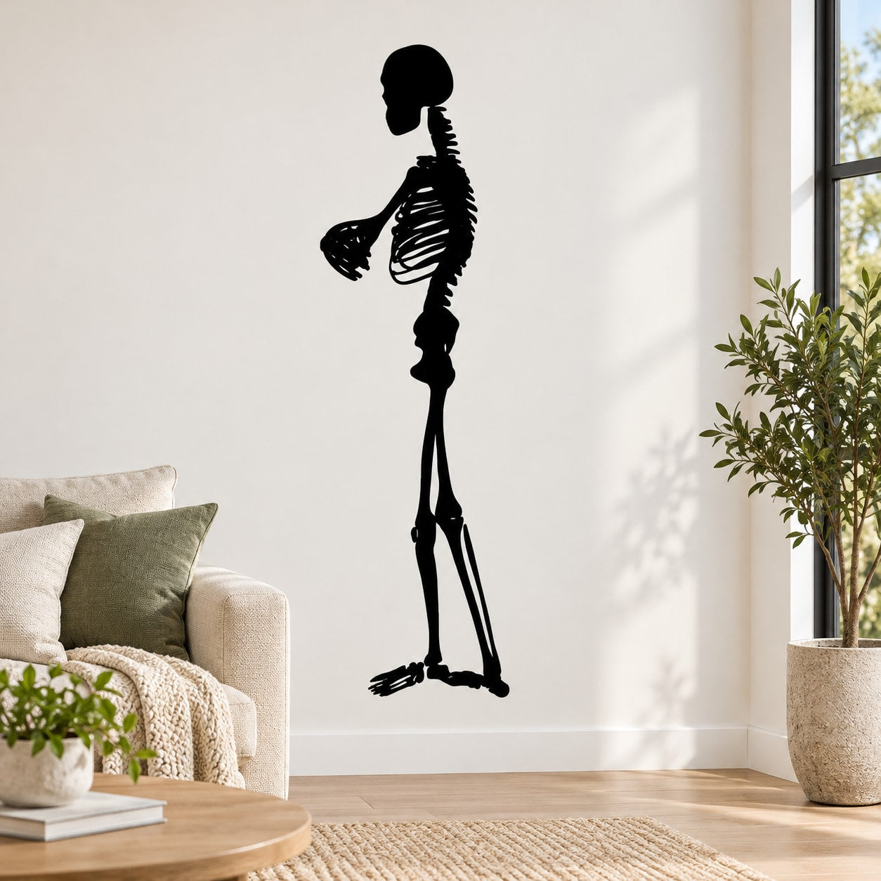 Skeleton arms-crossed wall decal, black silhouette