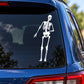 White leaning skeleton car decal sticker on rear window glass