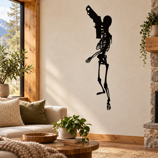 Black skeleton pointing gun wall decal