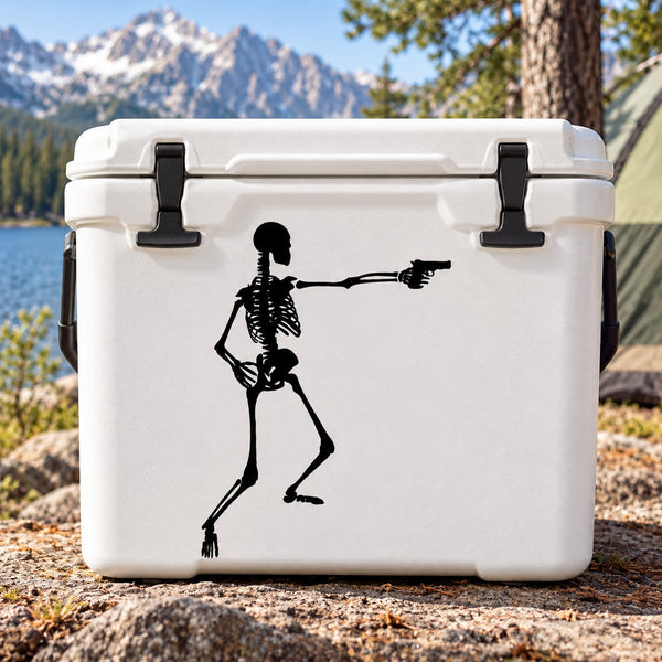 Skeleton holding up decal on white cooler, black outline graphic