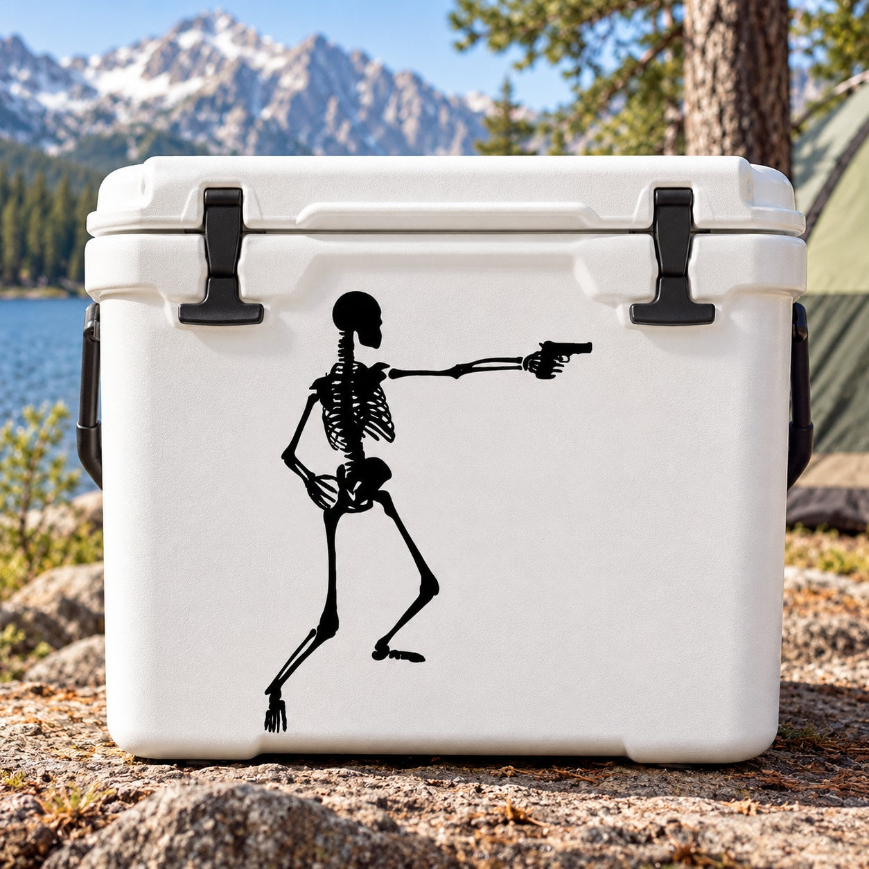 Skeleton holding up decal on white cooler, black outline graphic