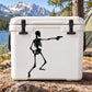 Skeleton holding up decal on white cooler, black outline graphic
