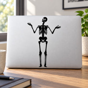 Black skeleton shrugging decal on white rectangular background