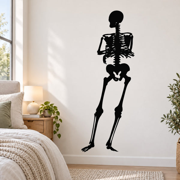Black skeleton wall decal, full-body upset figure with arms raised and open mouth