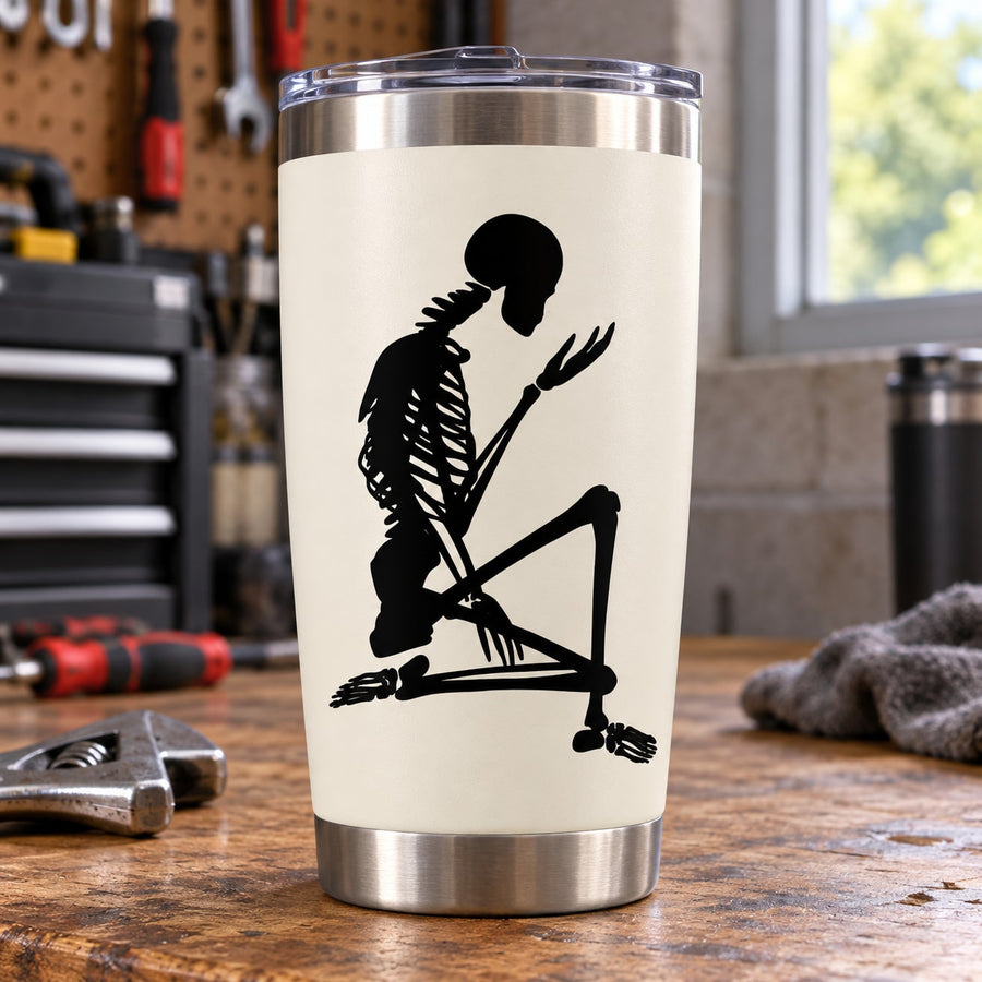 Stainless steel tumbler with black skeleton kissing hand decal