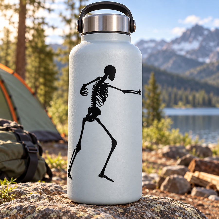 Skeleton fighting decal on white water bottle