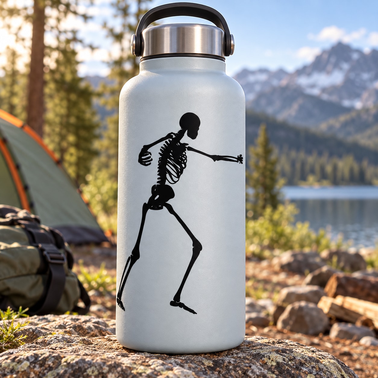 Skeleton fighting decal on white water bottle