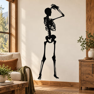 Dancing skeleton wall decal, black silhouette of dancing skeleton with raised arms