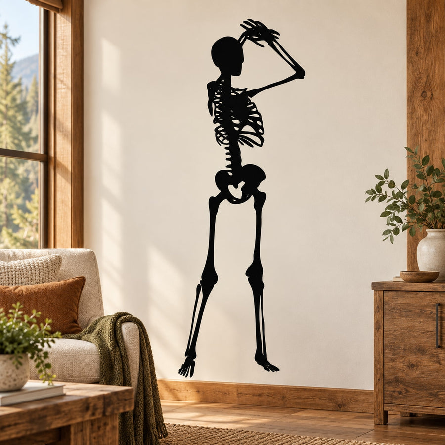 Dancing skeleton wall decal, black silhouette of dancing skeleton with raised arms