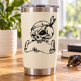 Skull banner decal on white tumbler, black skull with banner and feather detail
