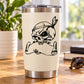 Skull banner decal on white tumbler, black skull with banner and feather detail