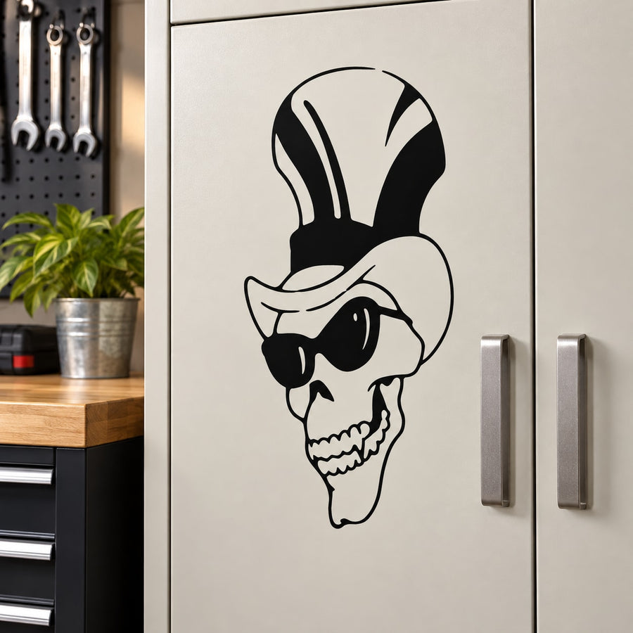 Skull decal sticker with sunglasses, bold black and white design