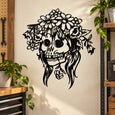 Black skull decal with floral crown and long hair, white and black outline