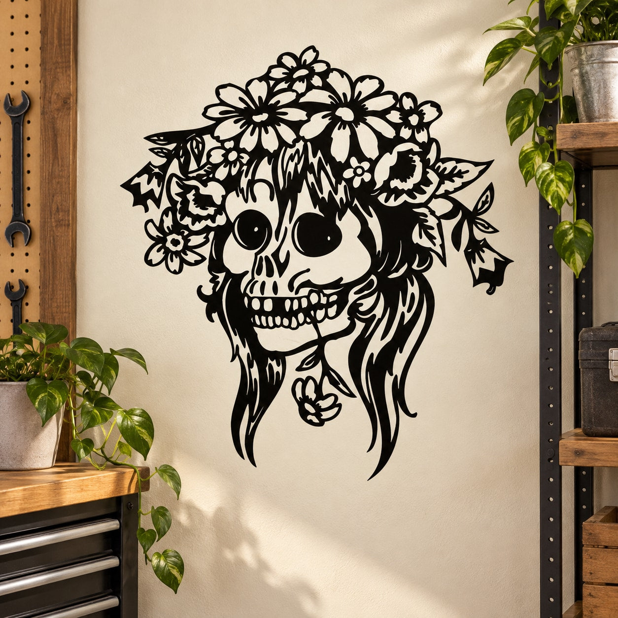 Black skull decal with floral crown and long hair, white and black outline