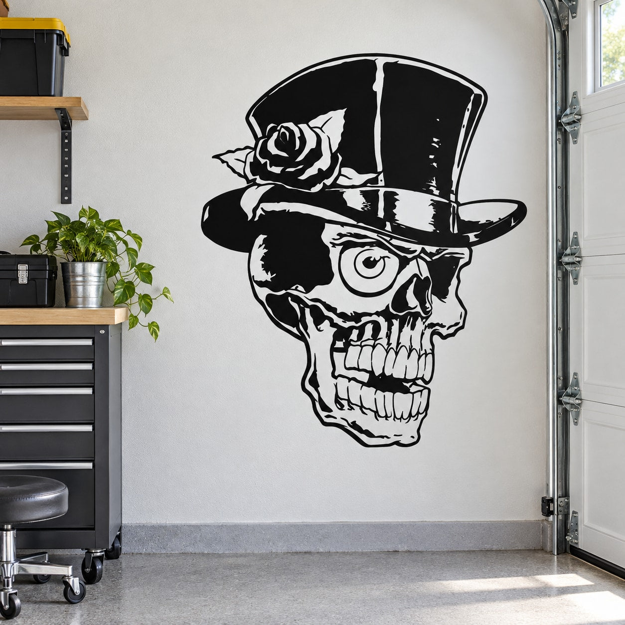 Black and white skull decal with top hat and rose accents