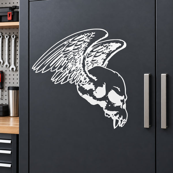 Skull and wings vinyl wall decal sticker, white design on dark surface
