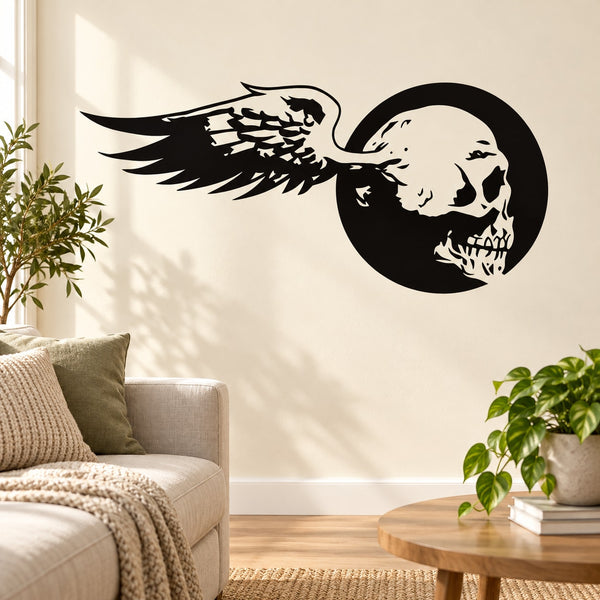 Winged skull vinyl wall decal, black and white graphic