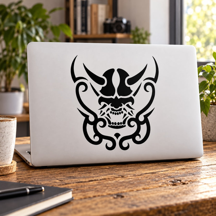 Tribal oni skull decal with black tribal horns and ornate skull design on white surface
