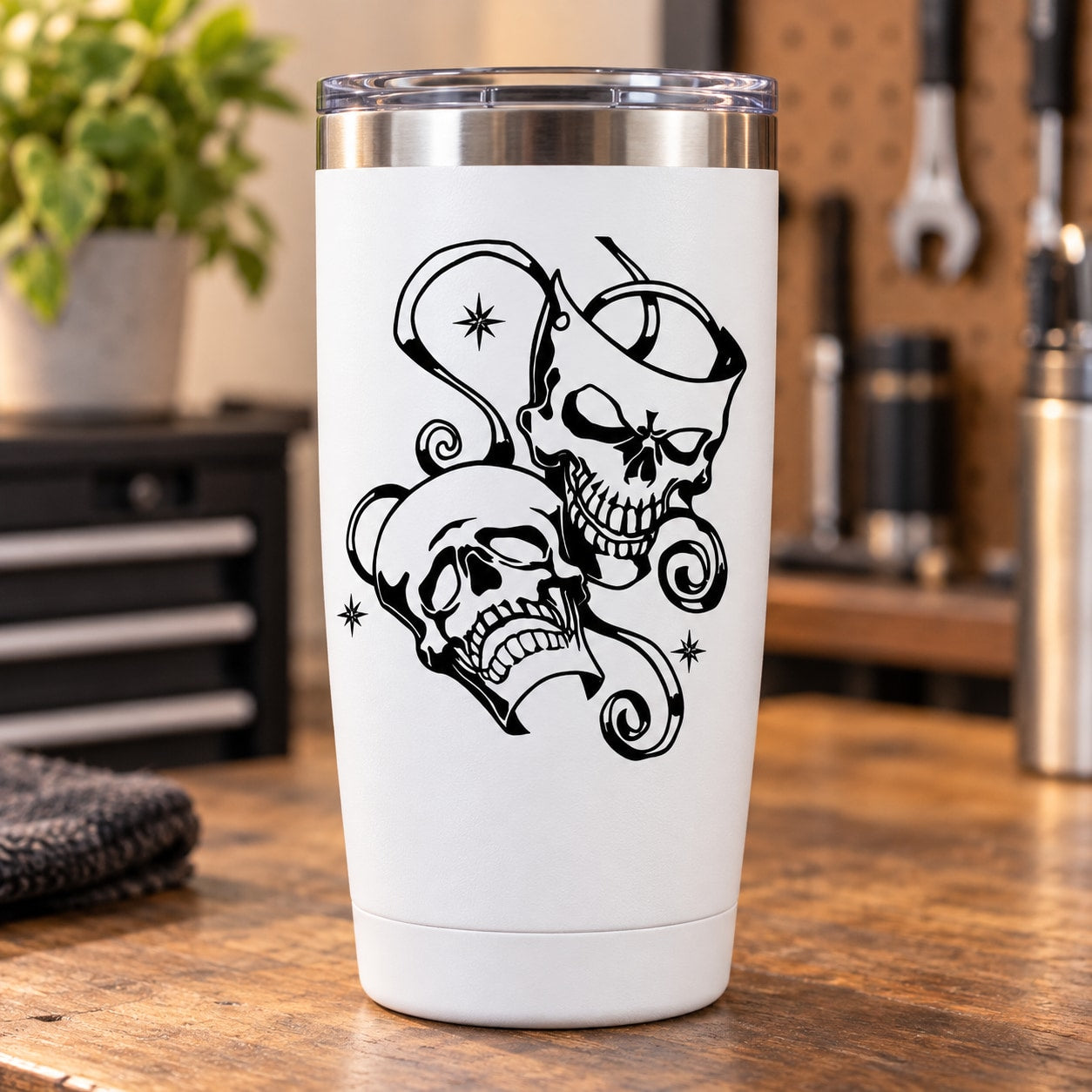 Black skull vinyl decal sticker with two skulls and stars, detailed line art
