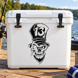 Top hat skull number 13 bearded decal, black outline on white surface