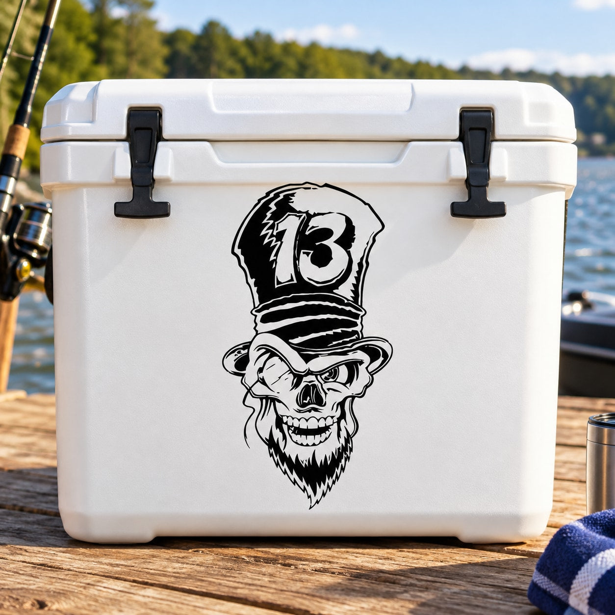Top hat skull number 13 bearded decal, black outline on white surface