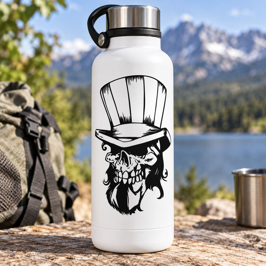 White bottle with black skull wearing top hat and beard decal