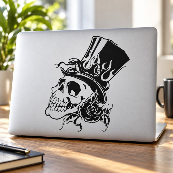 Skull graphic decal with top hat and rose on light-colored surface