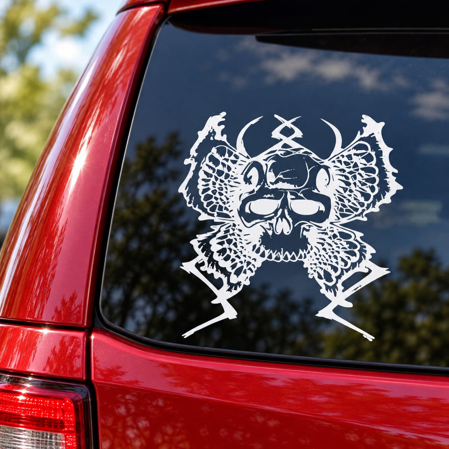 White skull vinyl decal with ornate beard and crossed details for car or wall