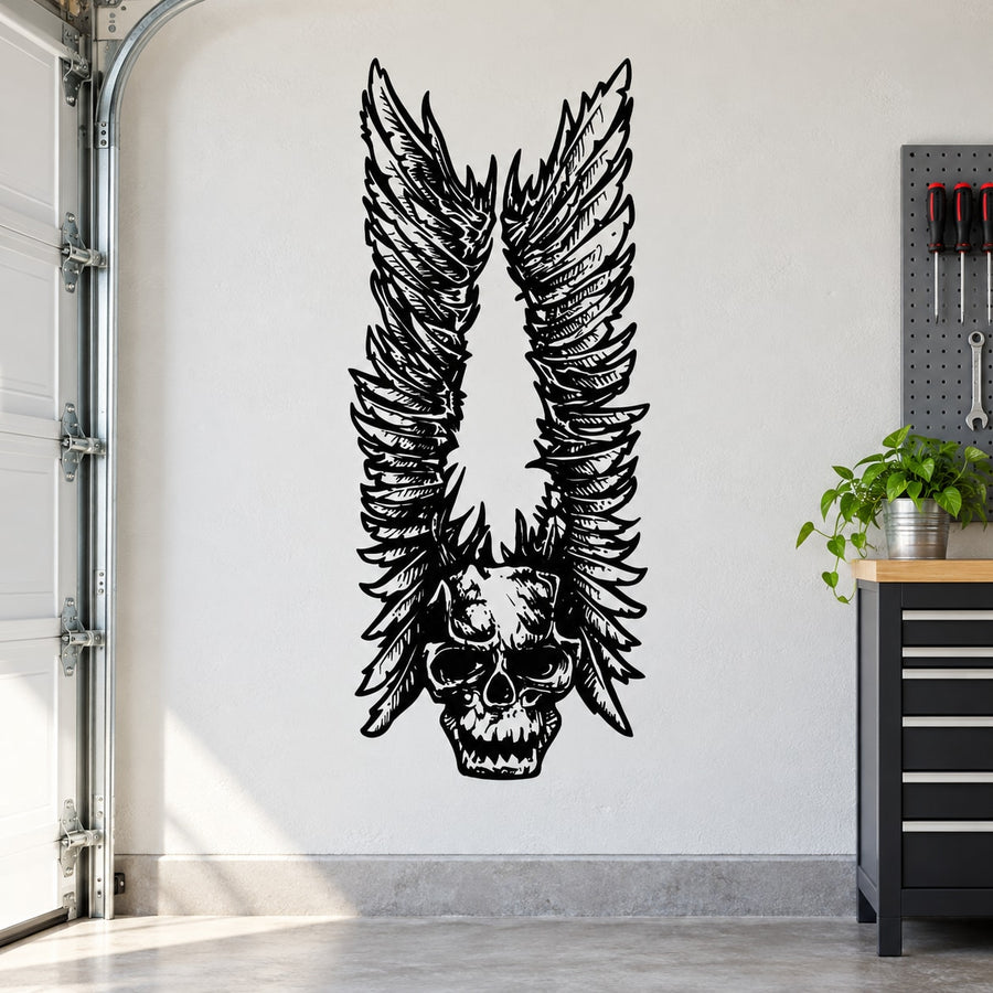 Black skull with wings vinyl wall decal, bold graphic sticker