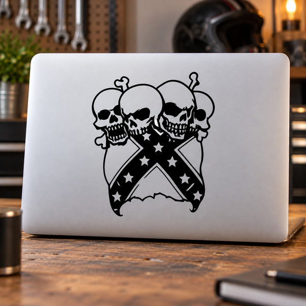 Skull wall decal vinyl sticker with two black skulls, star accents, crossed ribbon design