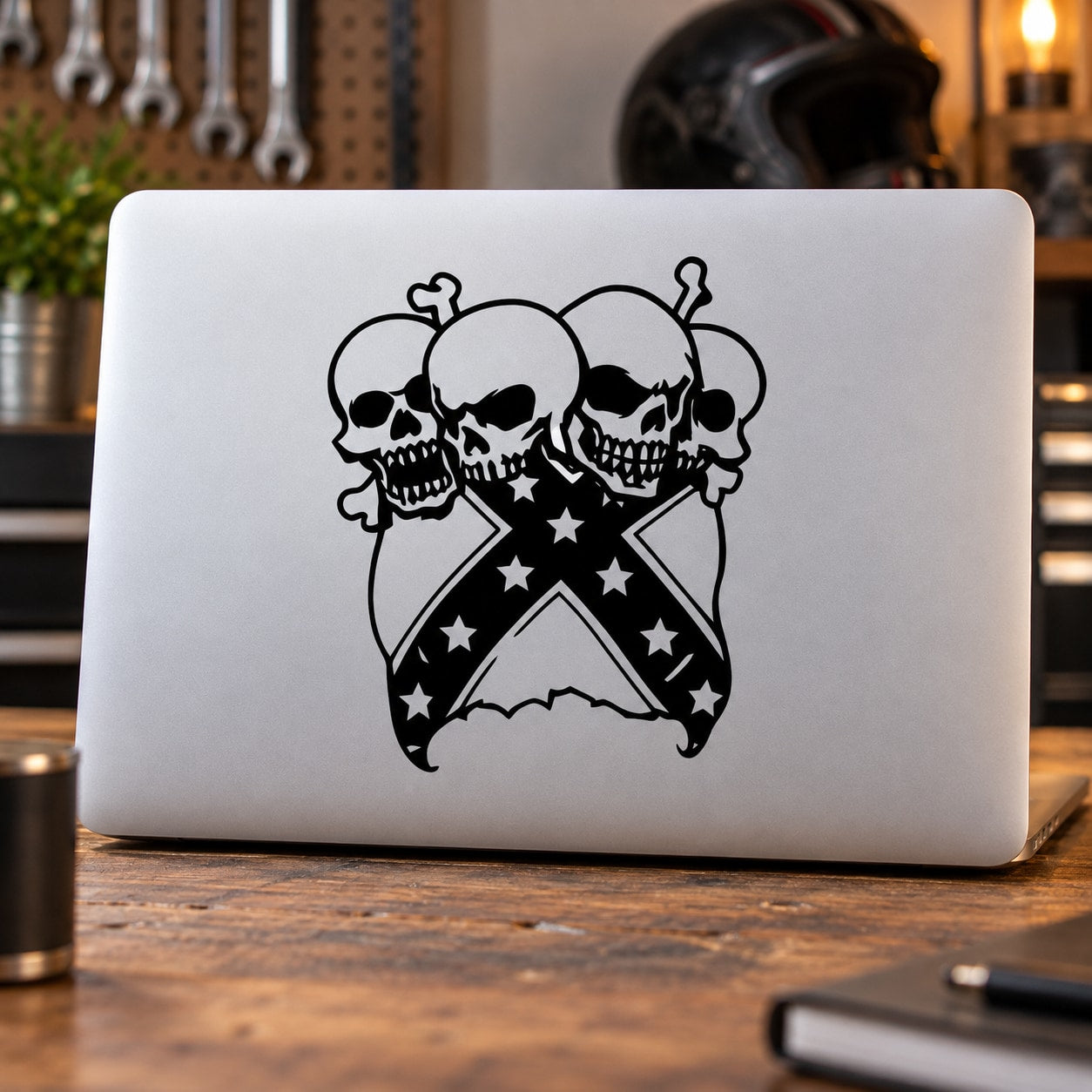 Skull wall decal vinyl sticker with two black skulls, star accents, crossed ribbon design