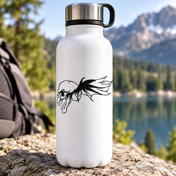 Black skull vinyl decal on white reusable water bottle
